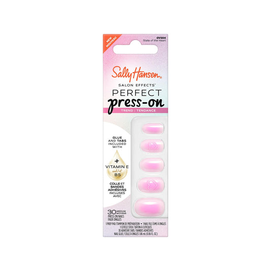 Sally Hansen Salon Effects Perfect Press-On Pink Nails | Oval Shape, 3D Design | Easy to Apply, Non-Damaging, Vitamin E & B5 | 30 Nails, Nail Glue, Adhesive Tabs, File| State of the Heart