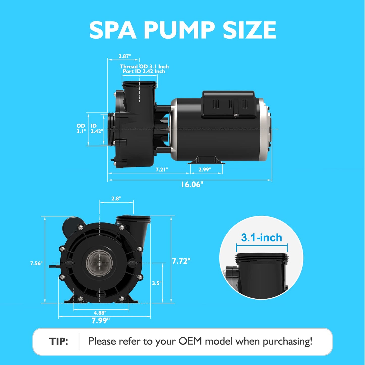 LINGXIAO Single Speed Hot Tub SPA Pumps - LX SPA Pump Motor 2.5HP, (115V or 230V)/60HZ, 2" Port, 48 Frame High Performance SPA Pump - (Model: 48WUA1653C-I)