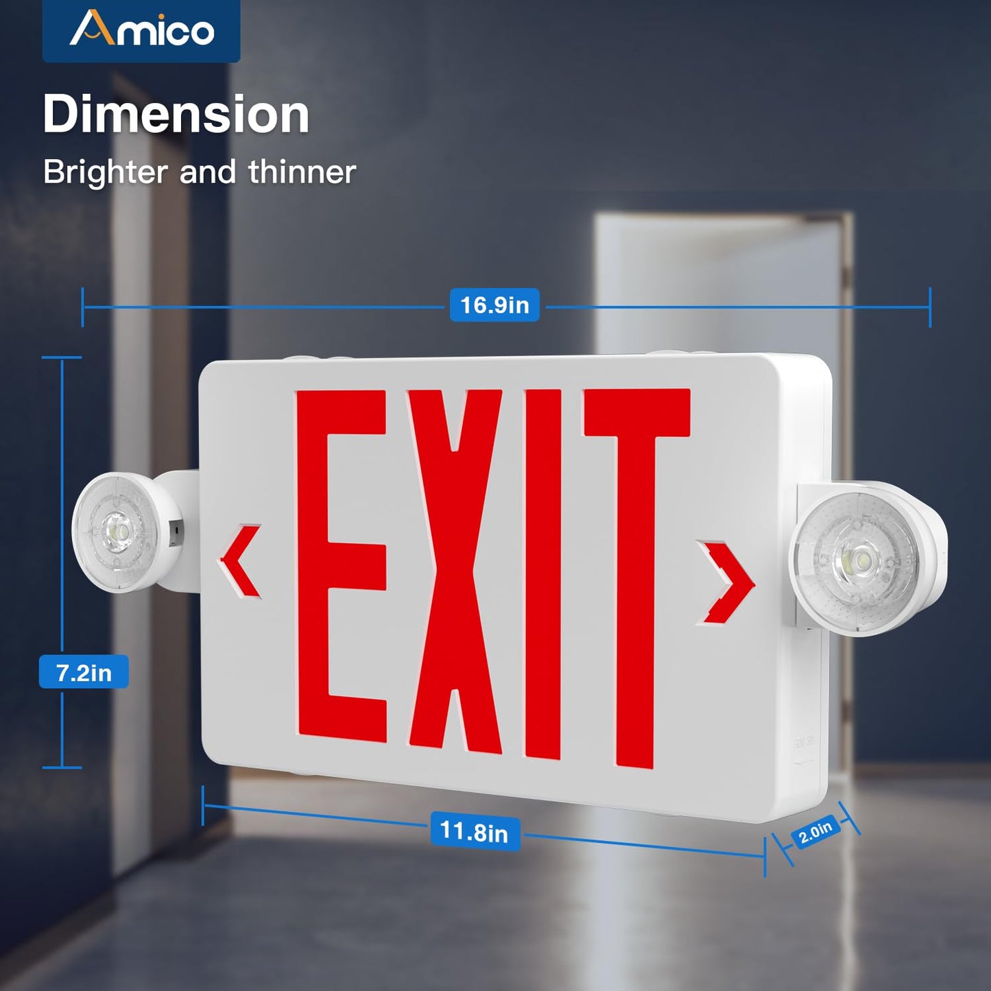 Amico 18 Pack Red Exit Signs with Emergency Lights, Commercial Grade 94V-0 Fire Resistant, Two LED Adjustable Heads, 90-Minute Battery Backup, ETL Certified 120/277V, Wall or Ceiling Mount
