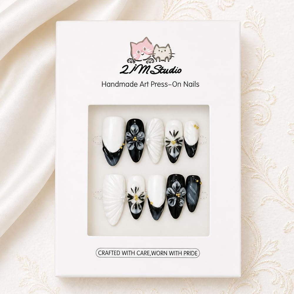 2IM Studio Handmade Press On Nails, Elegant Nude 3D Floral French Tip with Pearl Rhinestones, Almond Medium Length Full Cover Thick Reusable Acrylic Nail Kit for Women 10PCS (Classic Chic-S)