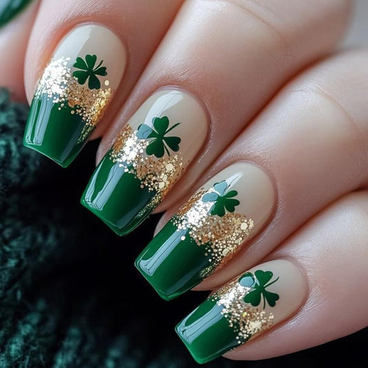 Gold Four-Leaf Clover Press on Nails Medium Square Fake Nails St. Patrick's Day False Nails Glitter Green French Acrylic Glue on Nails Stick on for Women Irish Holiday Manicure Decoration 24Pcs