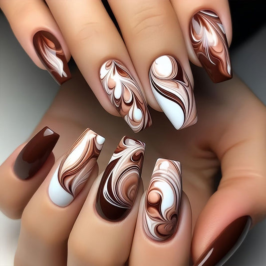Brown Marble Press On Nails Medium Length Fake Nails Coffin Shaped Glue On Nails With Coffee Designs Glossy Acrylic Artificial Nail Reusable False Nails For Women Girls 24pcs
