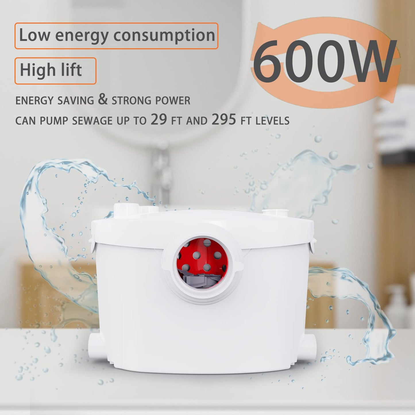 600W Macerator Pump, Sewerage Macerator Pump for Basement System, Macerating Toilet Pump with 4 Water lnlets Connectable Sink, Shower Room, Laundry