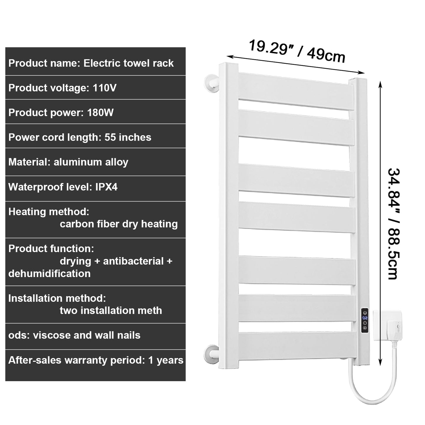 Towel Warmer Rack, Heated Towel Rack for Bathroom, Wall-Mounted Plug (Not Hardwired), Aluminum alloy/7 large area heating rods, With Timer and Temperature Adjustment, Overheat Protection Function