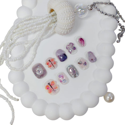 Extra Short Press on Nails Squoval False Nails Handmade with 3D Designs/Charms, Cute Reusable Fake Stick on Tips (Dragonfly#Small)