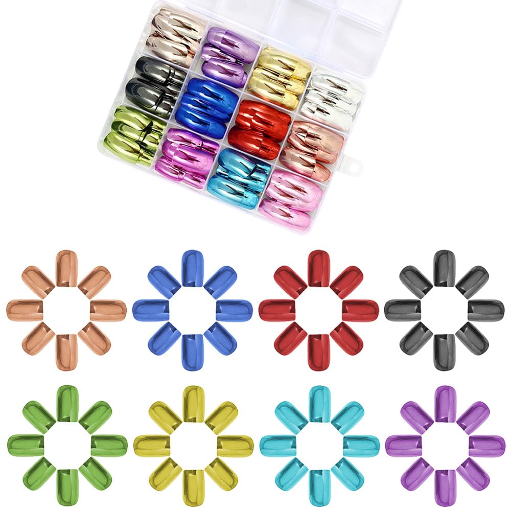 288 Pcs Metallic Press on Nails for Women, 12 Colors Mirror Chrome Finish Fake Nails, Medium Square Shape Glue on Nails, Gold Silver Pink Blue Purple Red False Nails Set with Storage Box