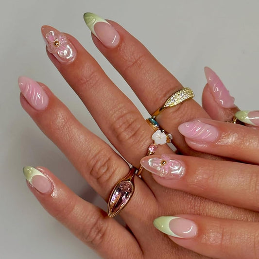 Pink Green Press on Nails Medium Almond Fake Nails French Tip Nails Press ons with 3D Flower Design Reusable Artificial Nails Full Cover Stick on Nails for Women Manicure 24Pcs