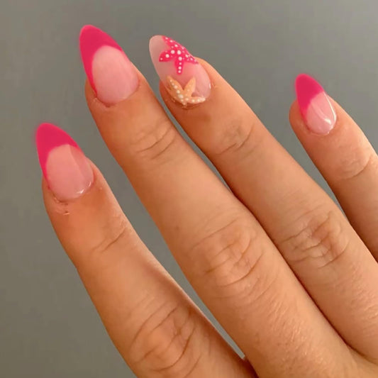SWEKKE Press On Nails French Tip Fake Nails Starfish False Nails with Designs Pink Full Cover Cute Acrylic Glossy Glue on Summer Handmade Artificial Nails for Women Girls 24Pcs