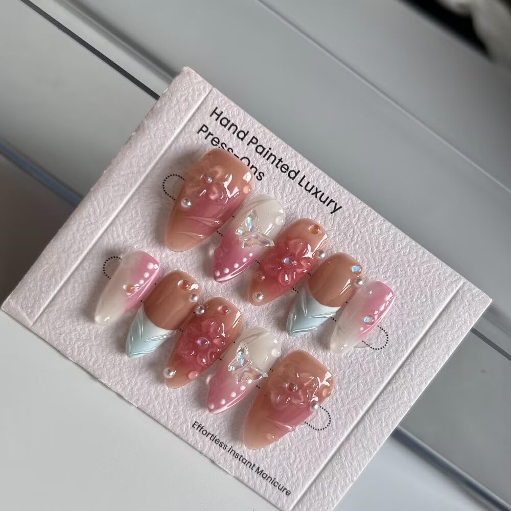 Handmade Press on Nails Medium Almond Fake Nails Blue French Tip with 3D Pearl Design Stick on Nails Pink Artificial Nail Full Cover Glue on Nails for Women DIY 10 Pcs (Size S）