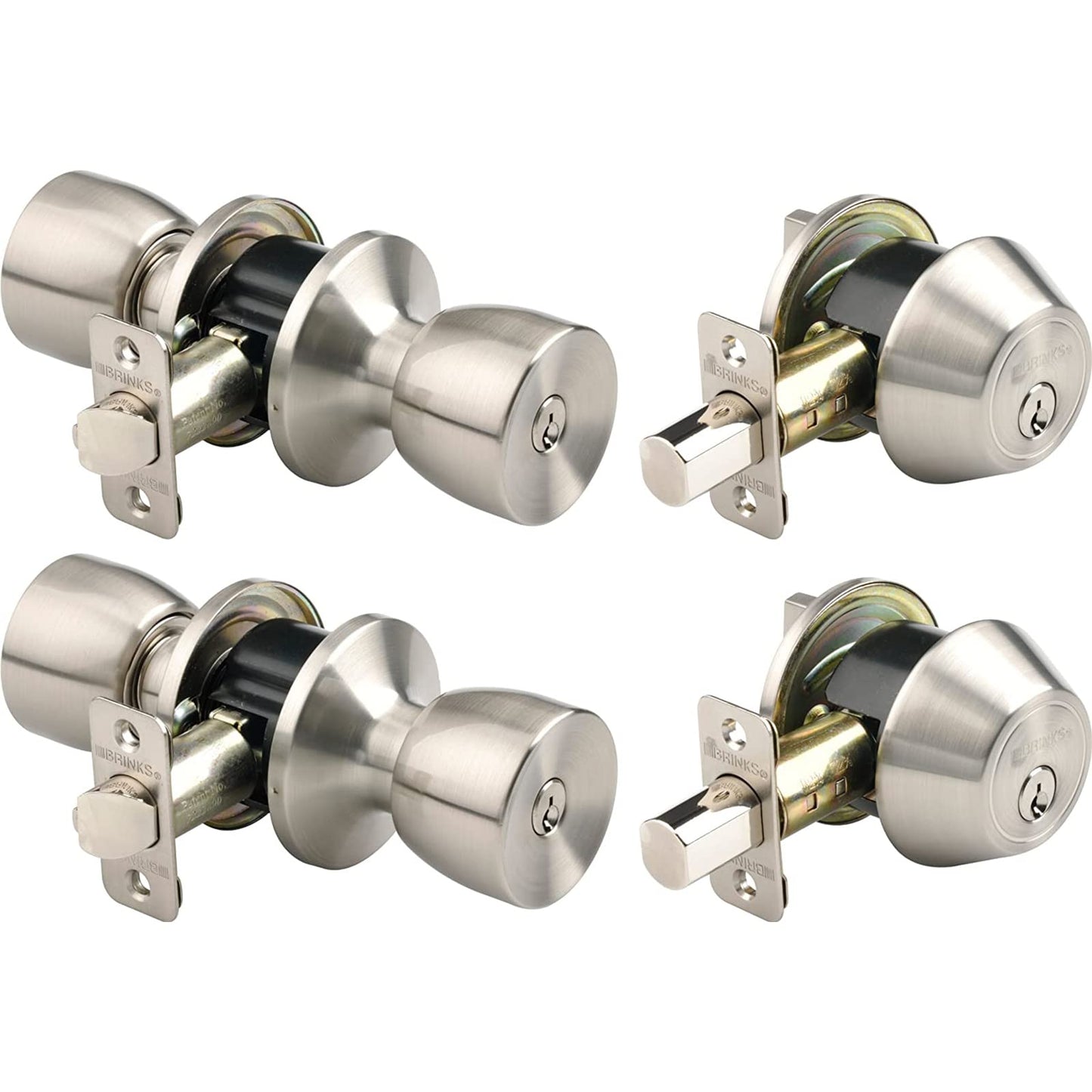BRINKS - Bell Style Keyed Entry Door Knob and Single Cylinder Deadbolt Set, 2-Pack - Keyed Alike, Satin Nickel