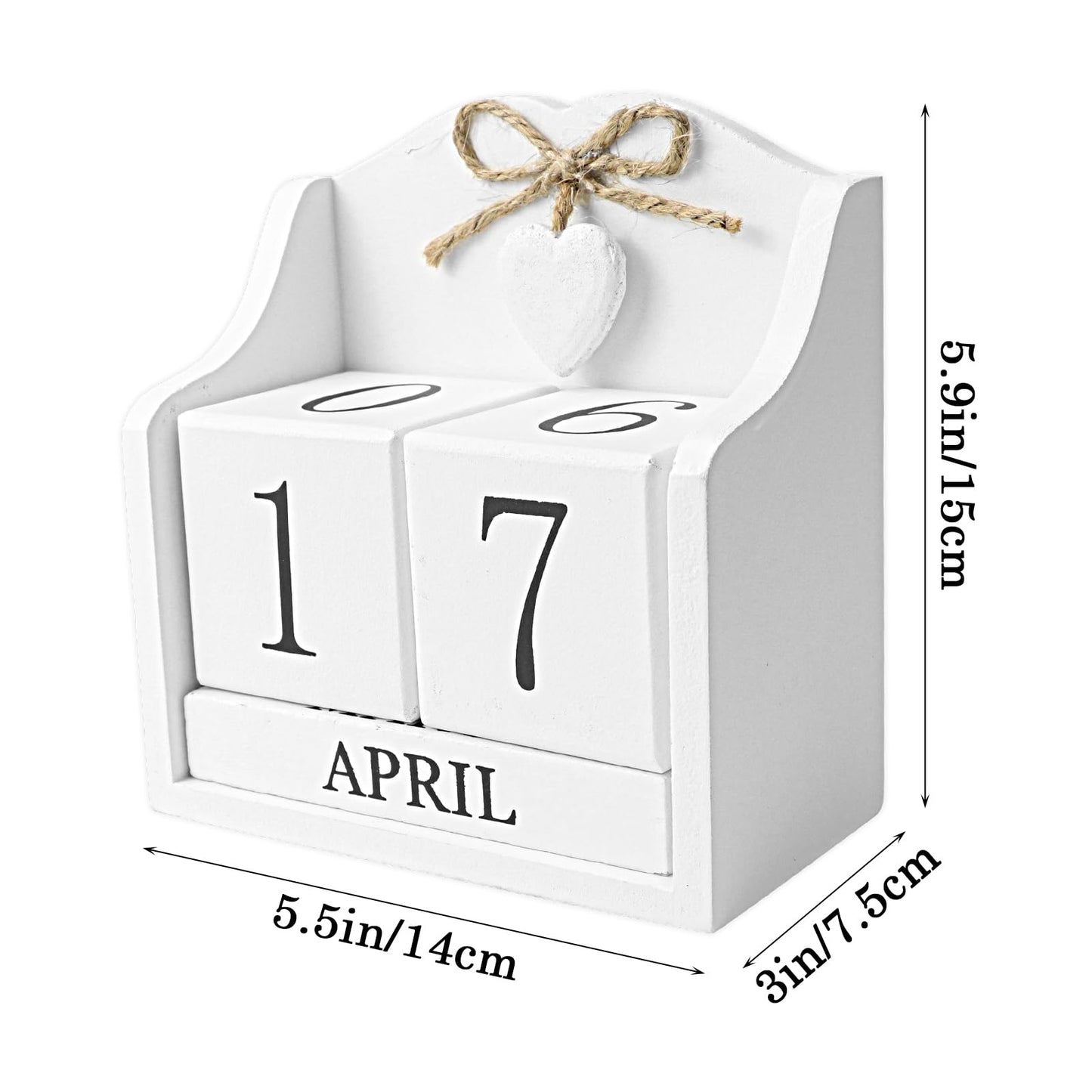 Rustic Wooden Desk Calendar - Adjustable Perpetual Cube (5.7x5.9in), White European-Style for Home Office Decor, Photography Prop