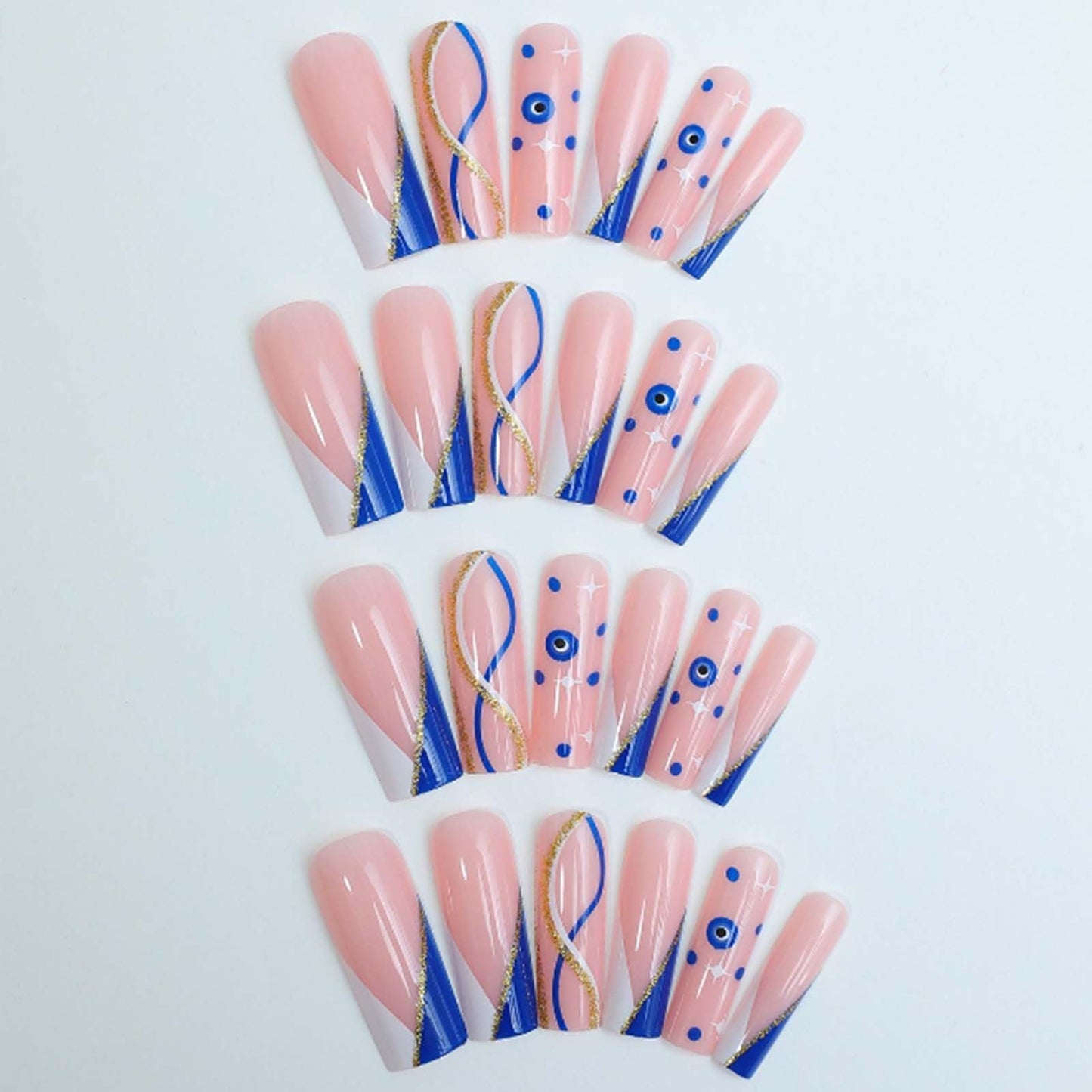 YoYoee Blue Ballerina Nails Tips French False Nails Long Square Press on Nails Swirl Fake Nails for Women and Girls 24PCS