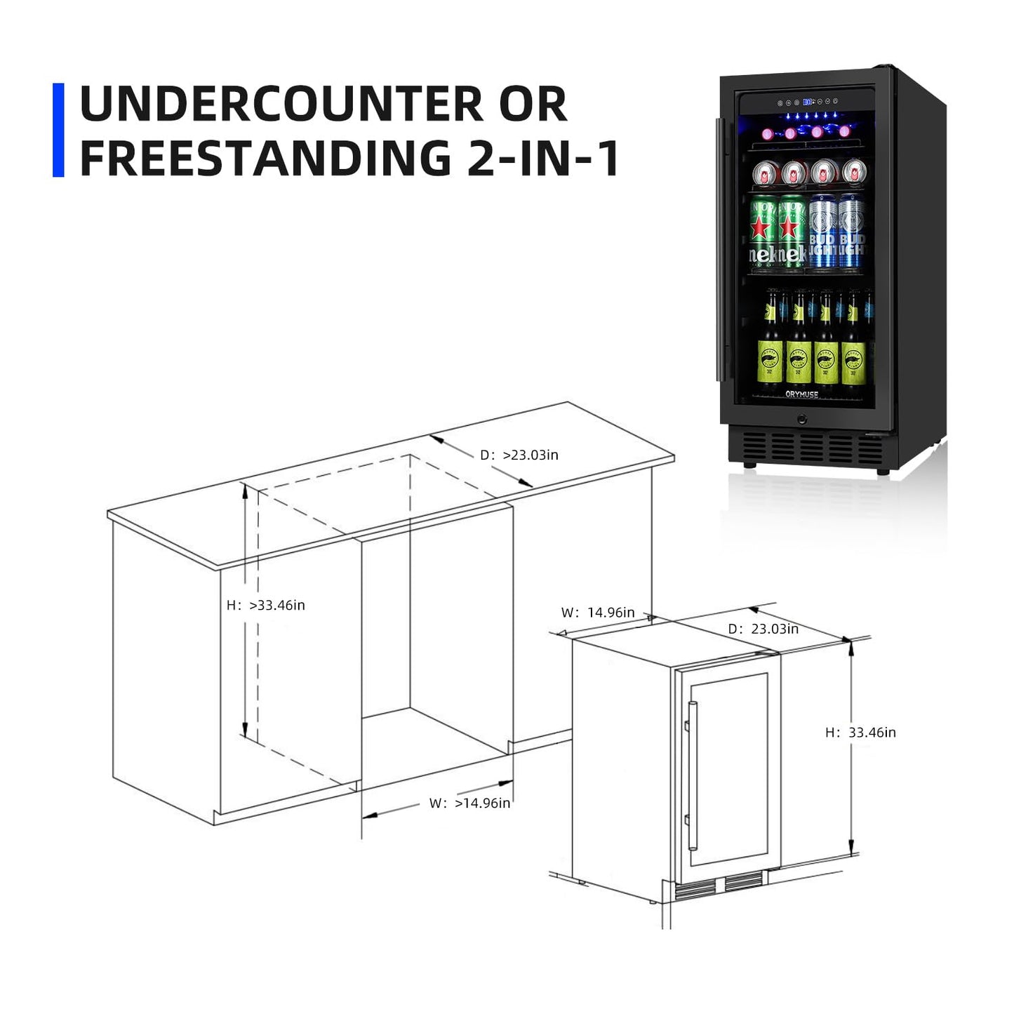 ORYMUSE 15 Inch Beverage Refrigerator, 130 Cans Drink Fridge with Glass Door & Lock, Upgraded Compressor, Low Noise, Built-in or Freestanding Cooler for Soda, Beer, Water, Black