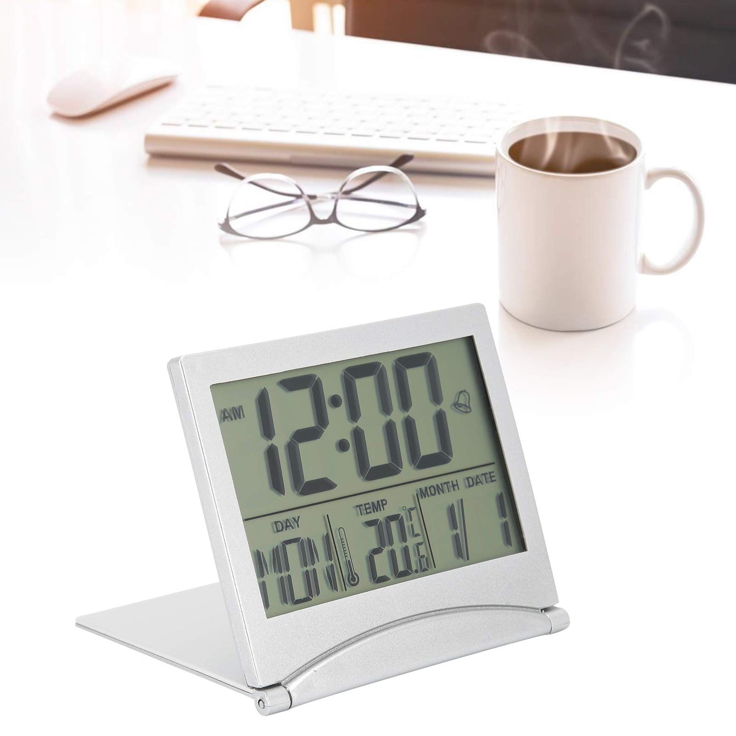 Aqur2020 Electronic Compact Alarm Foldable Calendar Easy to Read Atomic Desktop Clock Auto Set Digital Alarm Clock Screen with Time/Date/Temperature Display- Perfect for Nightstand or Desk