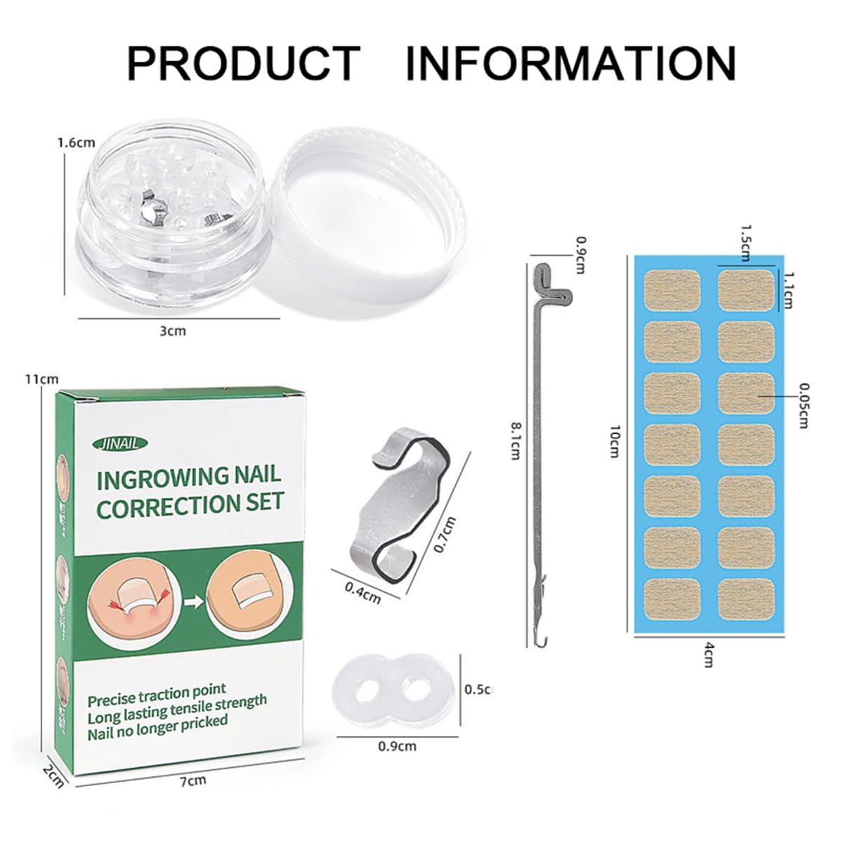Ingrown Toenail Correction Tool Set, 2 Stainless Steel Insert Clips Ingrown Toenail Treatment Elastic Silicone Strips Ingrowns Nail Corrector Patch Pedicure Tool Removal Kit for Curved Toe Nail Repair
