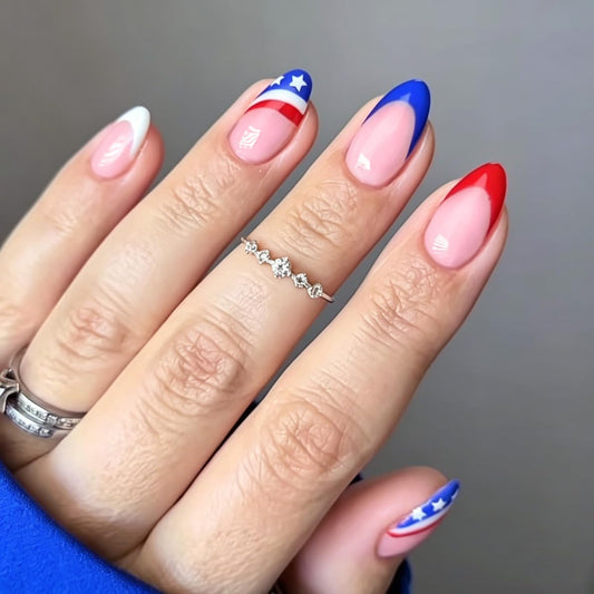 4th of July Press on Nails Blue Red Fake Nails Short Almond False Nails Press ons with American Flag Star Design Stick on Nails Independence Day Acrylic Glue on Nails for Women Manicure 24Pcs