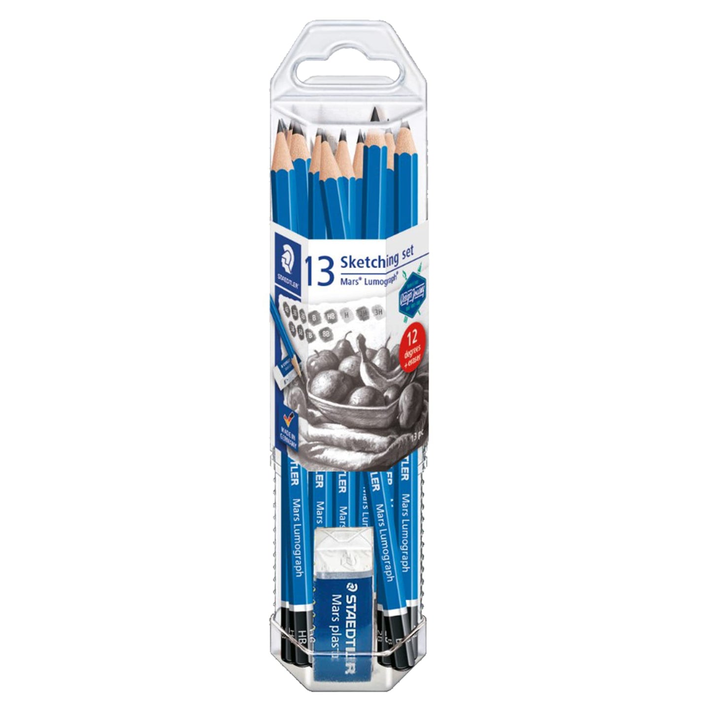 Staedtler Mars Lumograph Graphite Artist Pencil Pack, 12 Degrees (8B, 7B, 6B, 5B, 4B, 3B, 2B, B, HB, F, H, 2H), Mars Plastic Eraser, 61 100 P