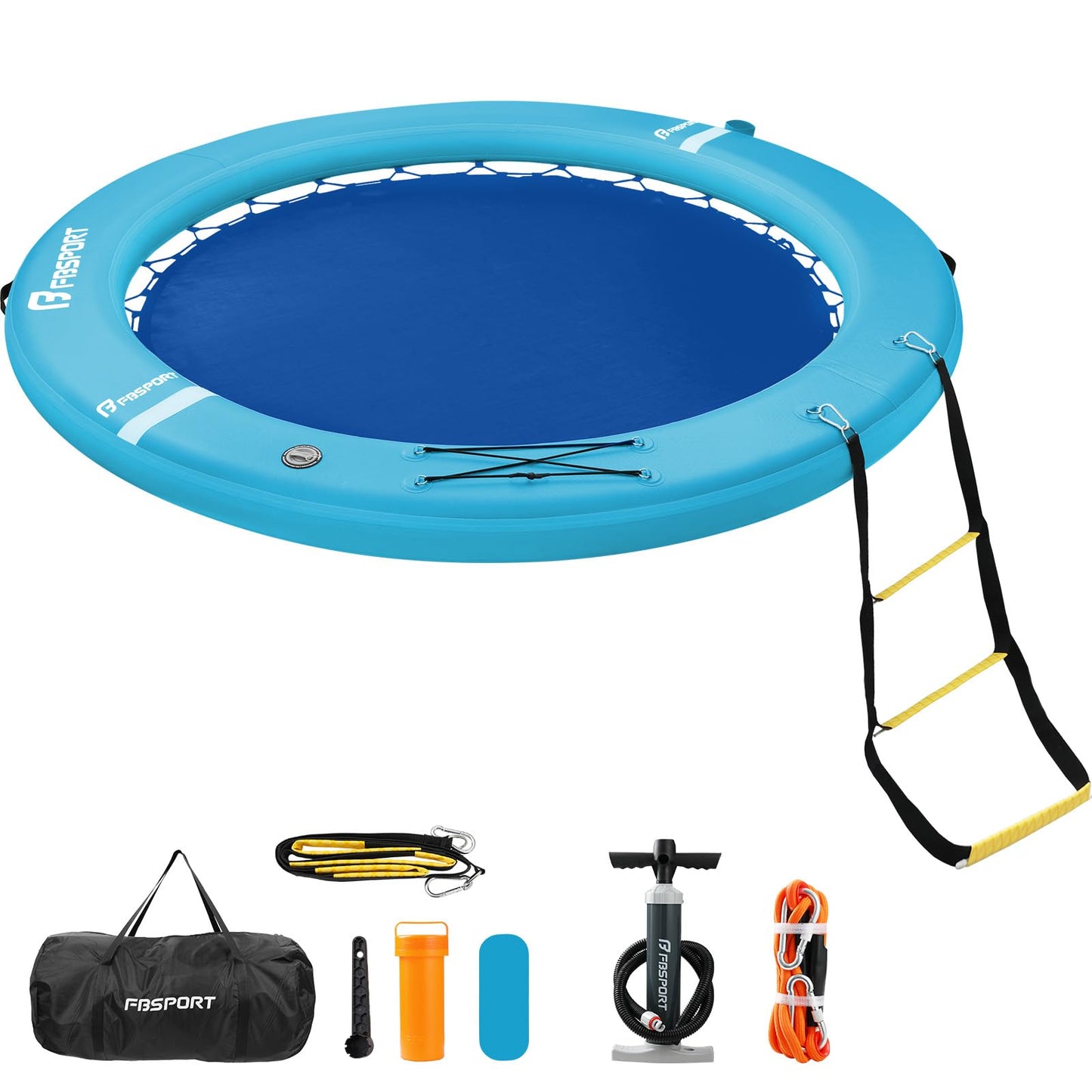 FBSPORT Inflatable Water Hammock Round Floating Ring, 8ft Inflatable Dock Floating Platform for Lake W/Cupholder, Sun Float Chill Raft Float Ring Tanning Pool Lounger Island Platform Pad, Blue
