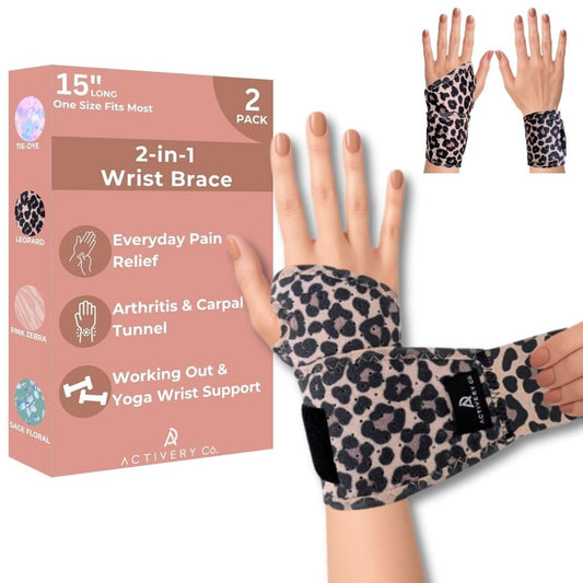 Activery Co. Carpal Tunnel Wrist Brace Left Hand, Right Hand for Women, Day or Night Compression Wrist Support Brace for Fitness, Keyboard Use, or Overnight Support, 2 Pack, Leopard Print