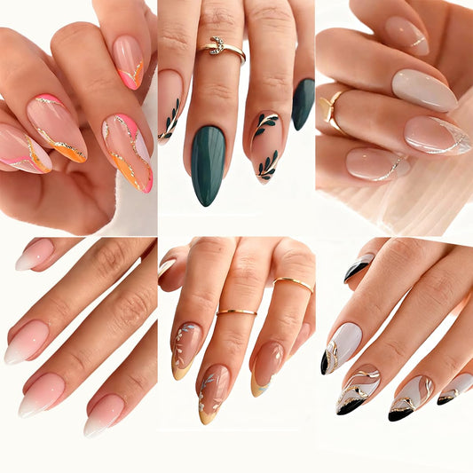6 Packs (144 Pcs) Press on Nails Medium Almond Fake Nails French Tip False Nails with Designs Leaf Glue on Nail Full Cover Glossy Acrylic Stick on Nail for Women Manicure (Style-16)