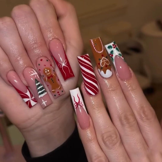 IMSOHOT Christmas Press on Nails Long Square Fake Nails Xmas Red False Nails Full Cover Acrylic Winter Cute Stick on Nails for Women 24Pcs