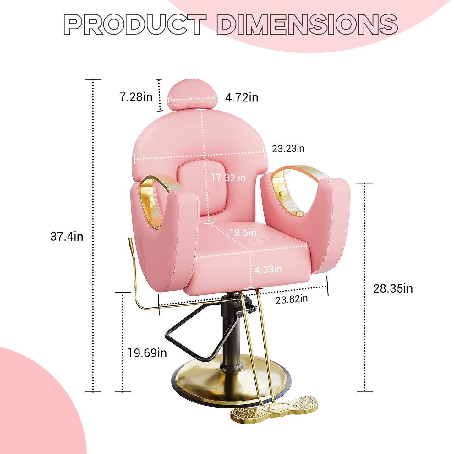 BouPower Barber Salon Chair, Height Adjustable Hydraulic Hair Reclining Salon Chairs, 360 Degrees Rotation, Multi-Function for Barbershop, Spa, Pink