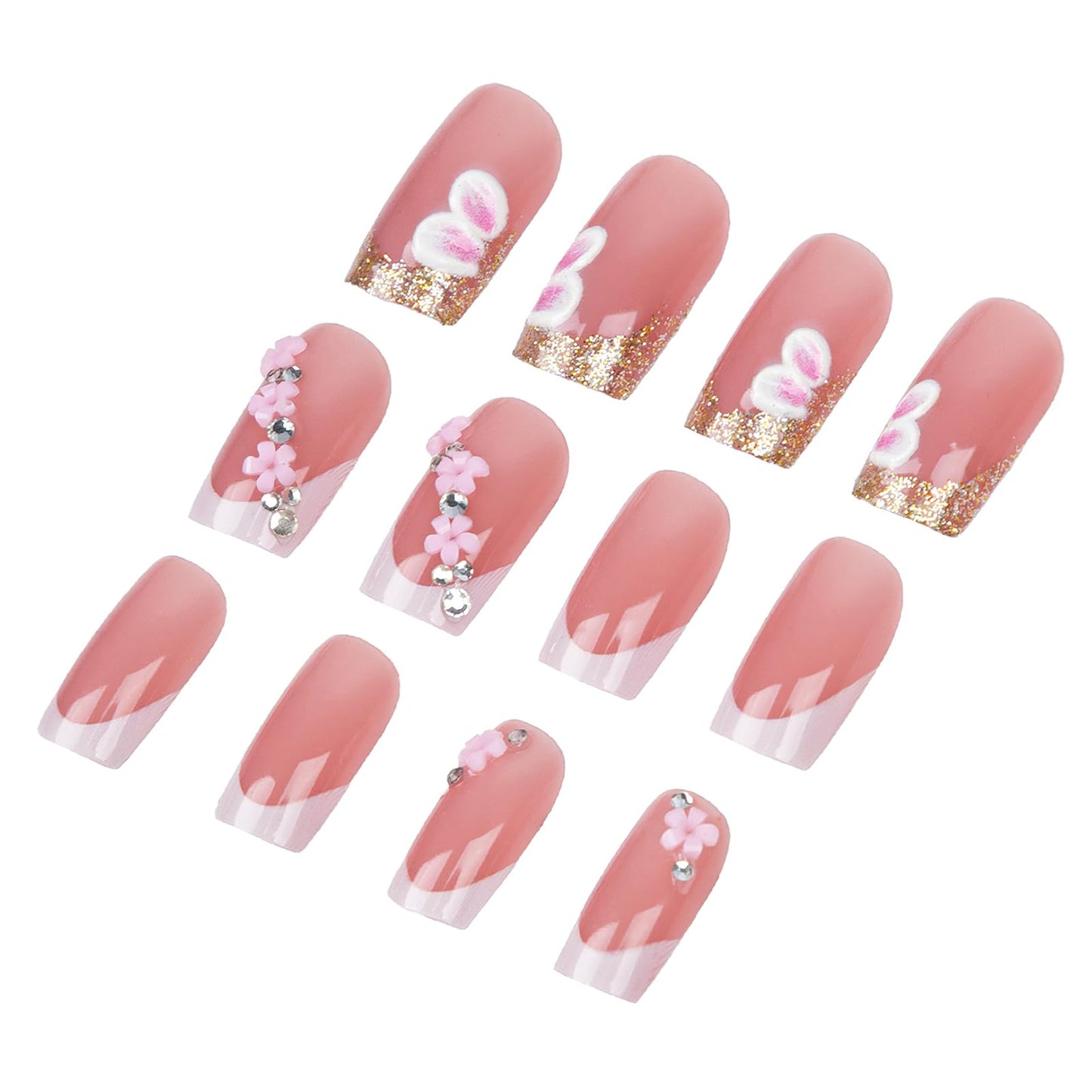 Jremg White French Tip Press on Nails Medium Square Fake Nails with Rhinestones Designs Cute 3D White Floral False Nails Glossy Gold Glitter French Full Cover Glue on Nails for Women Daily Wear 24Pcs