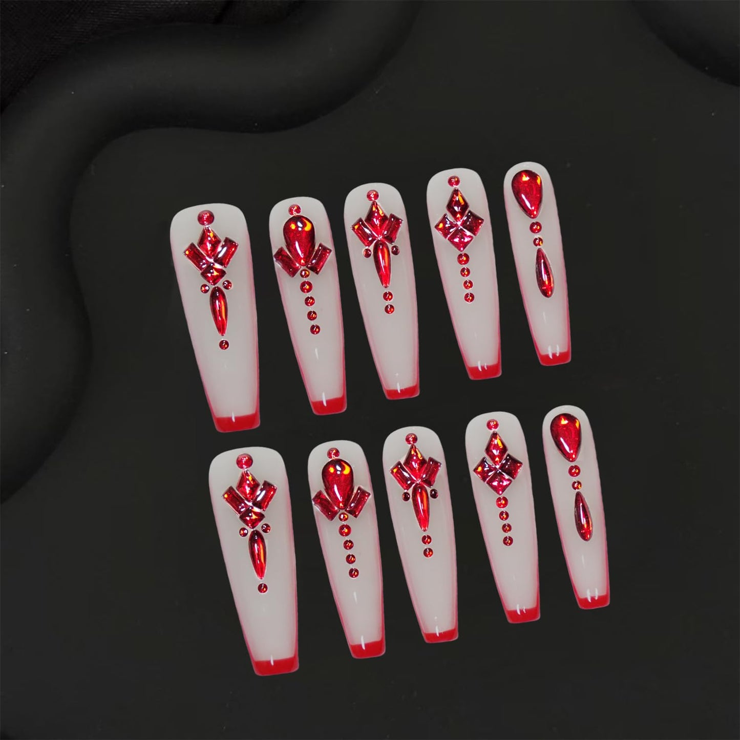 GREENTEA Handmade Nail Chinese Style Extra Long Press-On Nails, Red French Tips with Crystal Rhinestone Design, 10 Pieces,Size-M