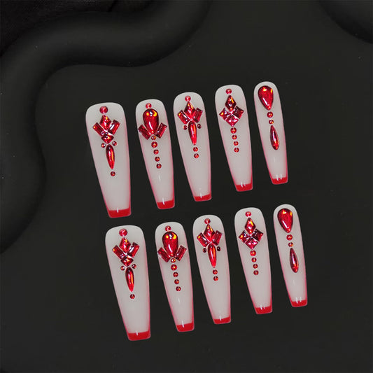 GREENTEA Handmade Nail Chinese Style Extra Long Press-On Nails, Red French Tips with Crystal Rhinestone Design, 10 Pieces,Size-M