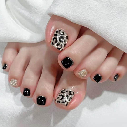Glitter Leopard Print Toe Press on Nails Square Fake Toe Nails with Black Champagne Color Design Glossy Full Cover Summer Artificial Glue on Toe Nail for Women Toenails DIY Decoration 24Pcs