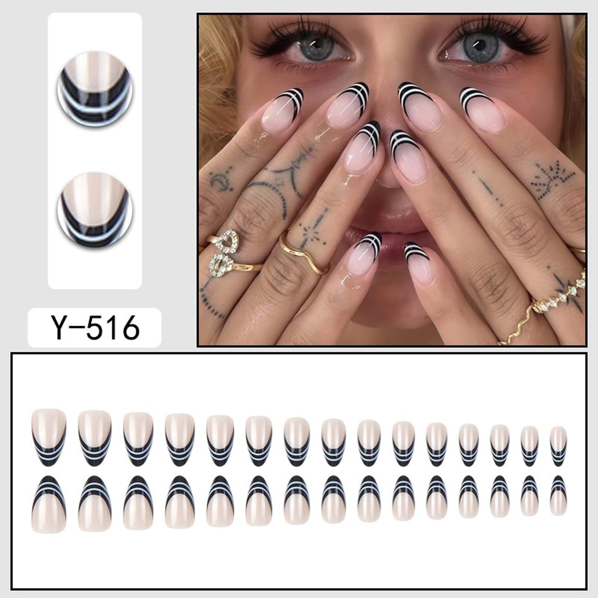 30 Pcs Black and White Stripe French Tip Press on Nails, Short Almond Fake Nails Press ons with Design, Glossy Acrylic Full Cover Stick on Nails for Women Manicure