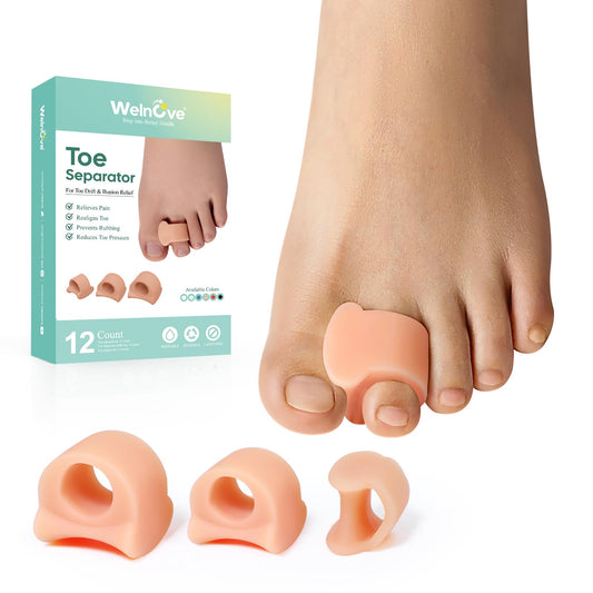 Welnove Toe Separator for Overlapping Toes - 12 PackToe Spacers for Bunions - Toe Corrector for Hammer Toes, Realign Crooked Toes - Preventing Rubbing Relieve Pressure (Multi-Size, Beige)