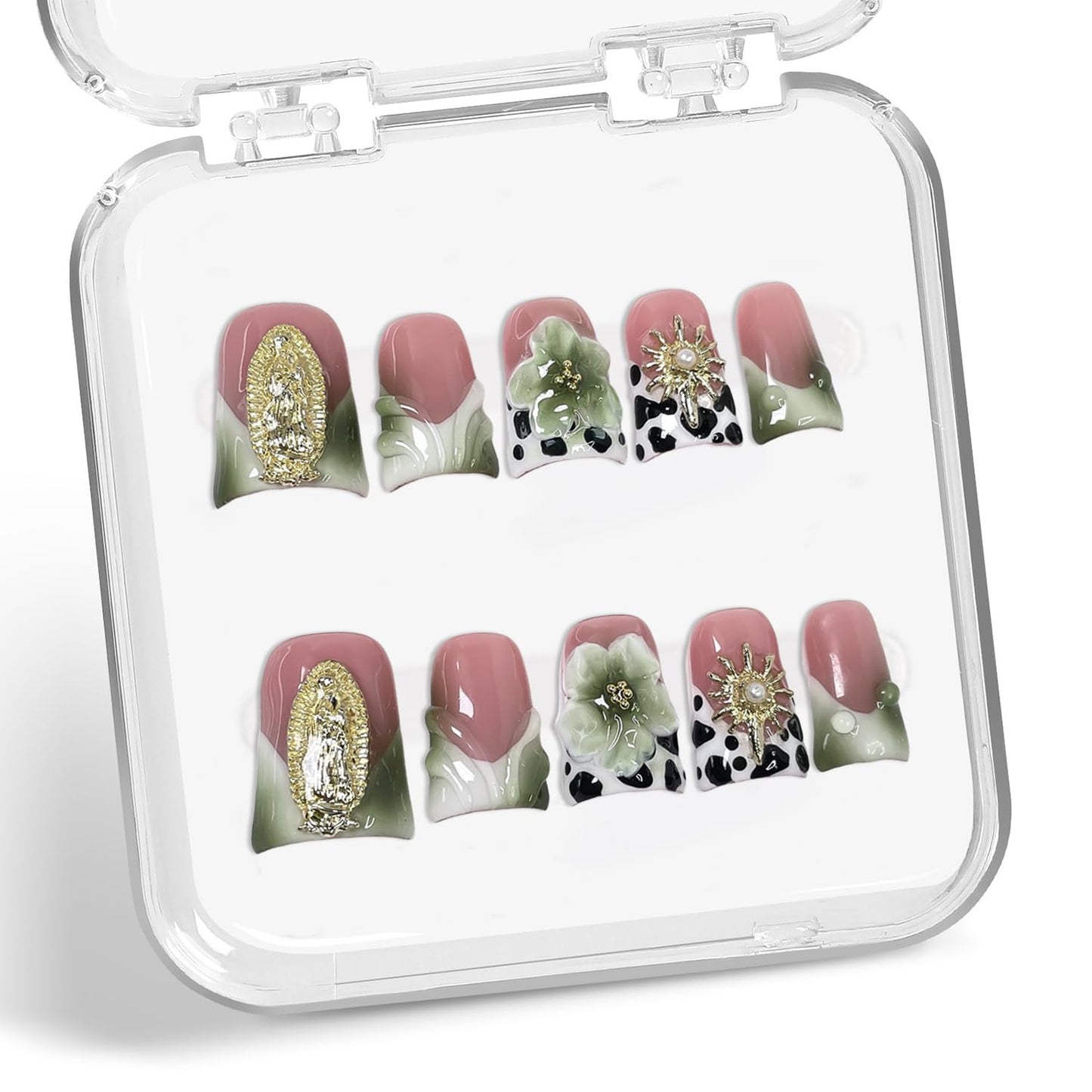 Handmade Press on Nails Short Duck Shaped Fake Nails Green White Gradient Stick on Nail Luxury 3D Flowers False Nails Designs French Tip Thick and Muti-Layer Gel Acrylic Nail for Women（S)