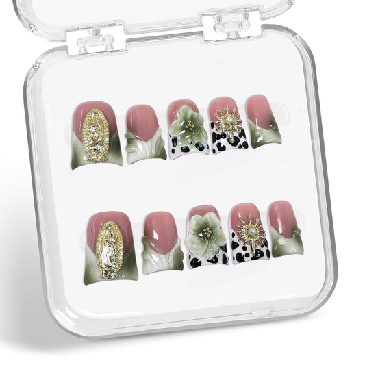 Handmade Press on Nails Short Duck Shaped Fake Nails Green White Gradient Stick on Nail Luxury 3D Flowers False Nails Designs French Tip Thick and Muti-Layer Gel Acrylic Nail for Women（M)