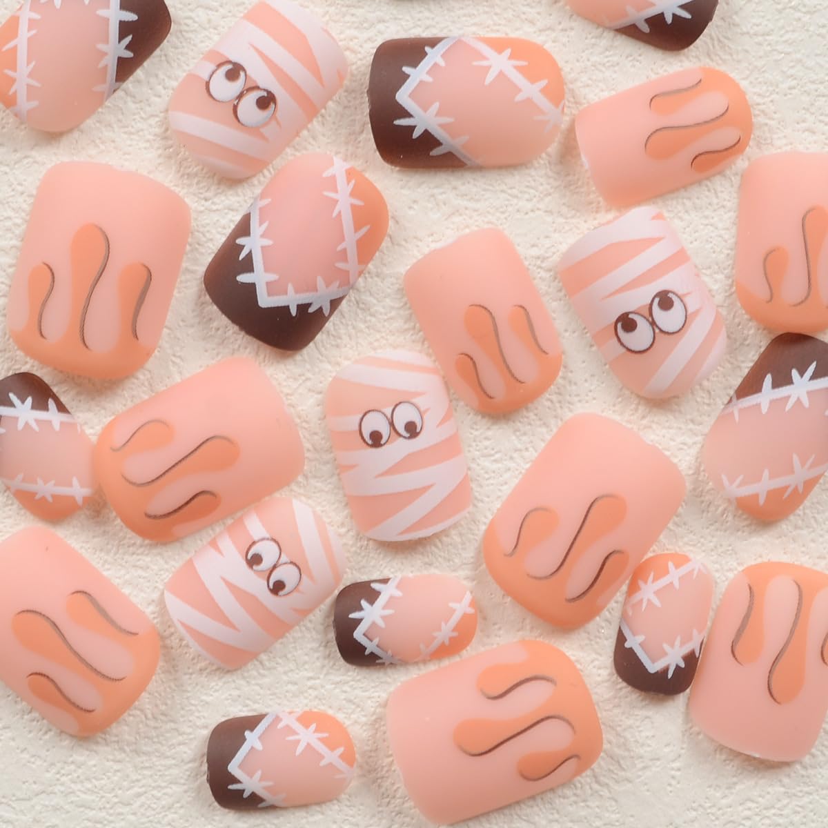Halloween Press on Nails Square Short Fake Nails with Mummy & Blood Designs Acrylic Nail Press ons Cute Glue on Nails Full Cover Matte Stick on Nail for Women Girls Manicure 24Pcs