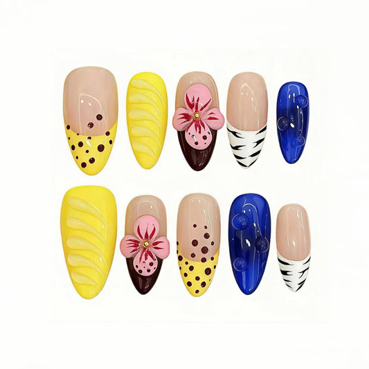 Tesytto Medium Almond Press on Nails – 3D Flower & Water Drop, Yellow French Tip Blue False Nails, Tropical Hawaiian Polka Dot Style Stick on Nails (Big Island-A,S)