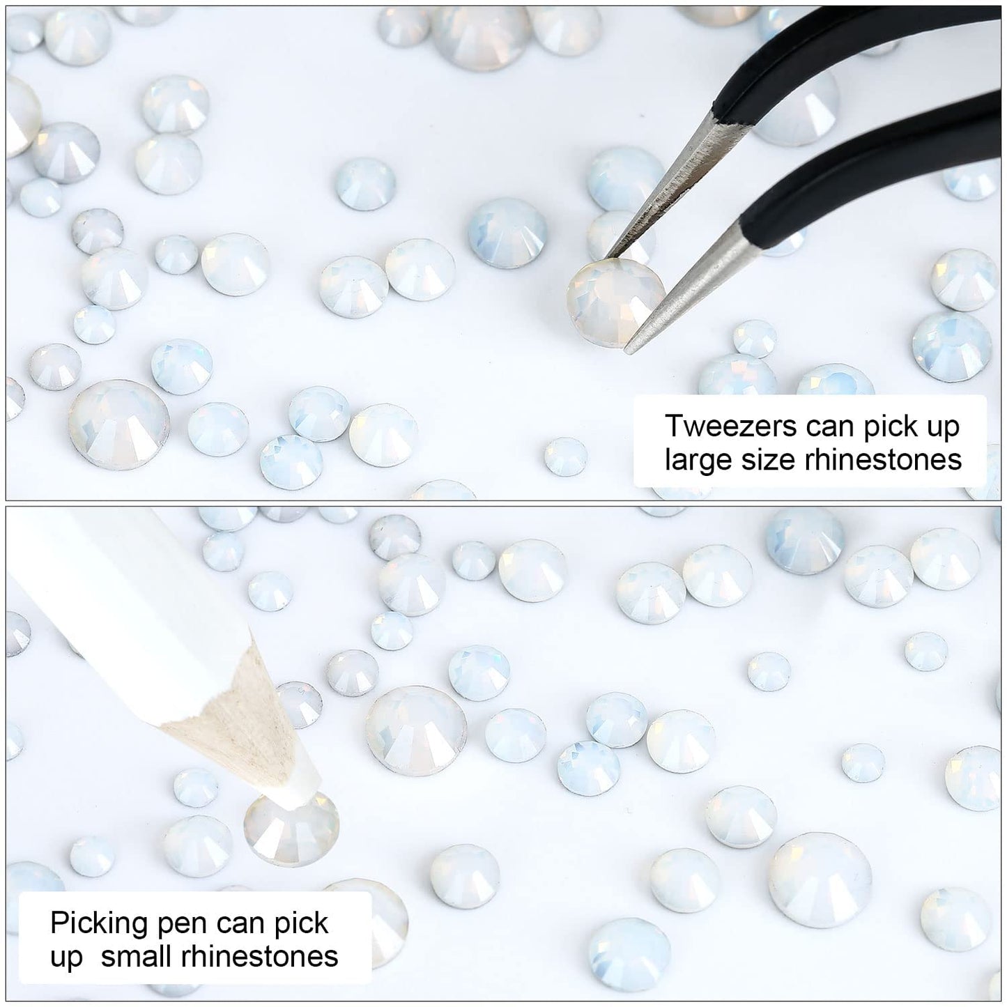 Meibite White Opal Glass Flatback Rhinestones for Nails, Crafts & Clothes – 4240PCS 6 Sizes (SS6–SS20) Crystal Gems Kit with Tweezers & Picker, Non Hotfix DIY Rhinestones for Tumblers, Shoes, Nail Art