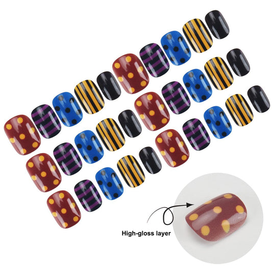 plalely Square Press on Nails Short Colorful Fake Nail Polka Dot and Stripes Design Acrylic Nail Press ons Classic Stick on Nail for Women 24pcs