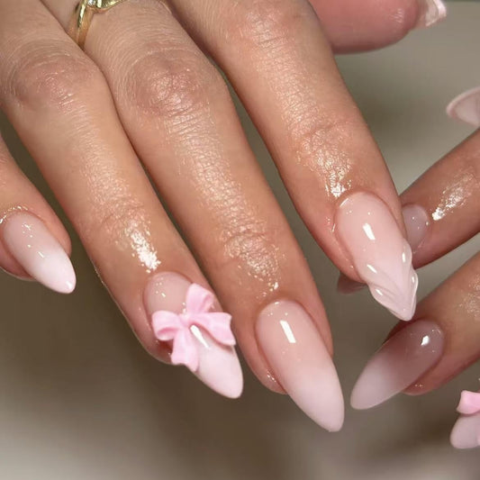 Handmade Gradient Milky white tip Press on Nails style Almond Fake Nails with Glue Stick on Nails for Women Manicure Decoration Bow 10PCS (MT-134-M)