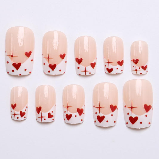 Valentine Press on Nails Red Heart French Tip Fake Nails White Tip Nail Press ons Full Cover Medium False Nail for Women Valentine Square Glue on Nails Reusable Nude Pink Acrylic Nail 24Pcs