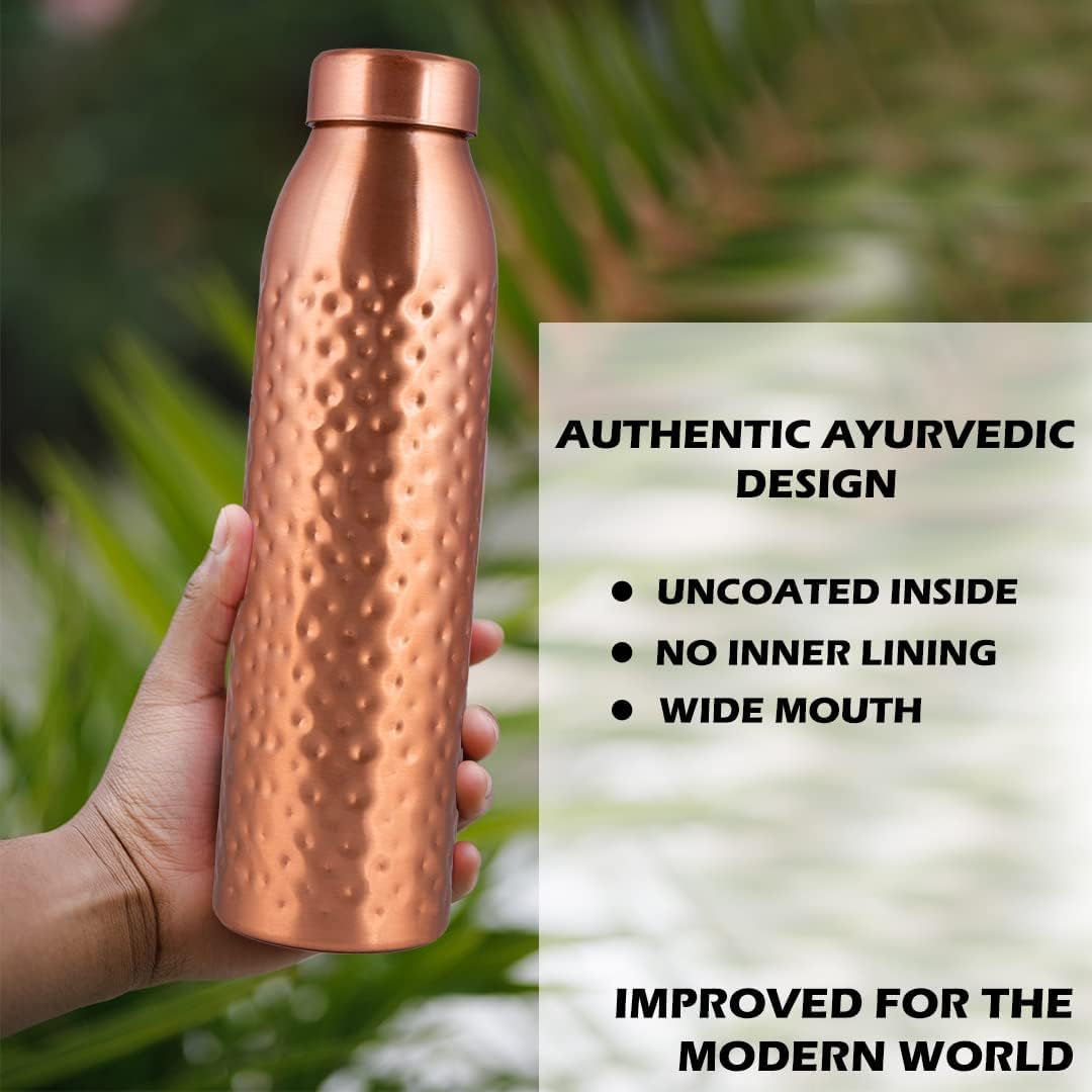 NORMAN JR, Copper Water Bottle 1L - Gift Box of 6, Hammered, an Ayurvedic vessel made from pure copper - helps you drink more water, with many health benefits