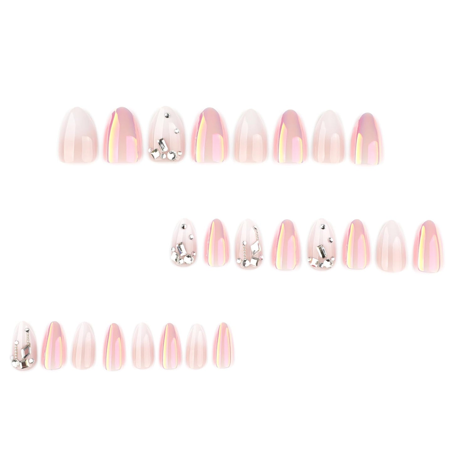 CTTHNBD Press on Nails Almond - Ombre White Fake Nails with Rhinestone Design - Medium False Nails Press ons - for Women 24 Pcs