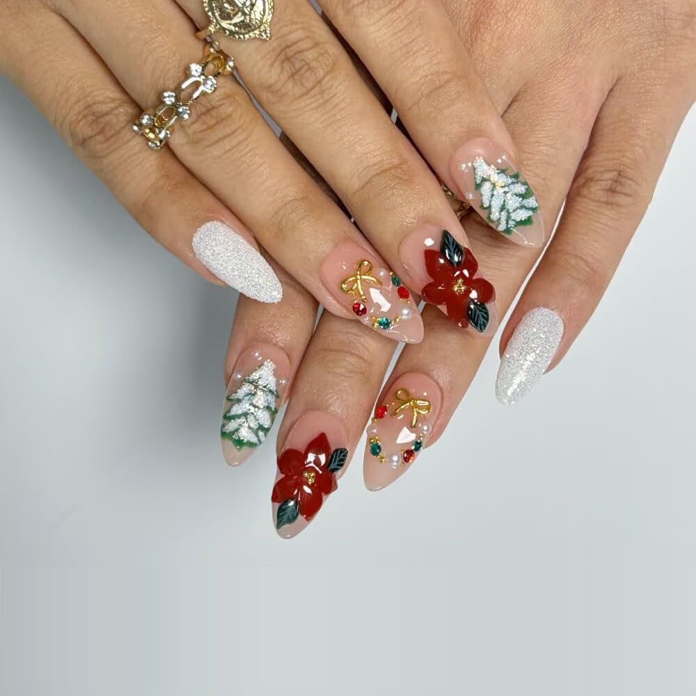 Christmas Press On Nails - MAGLFELL Handmade Almond Fake Nails, 3D Painting Floral and Trees, Bow and Gemstone Design, Reusable Artificial False Nails for Women 15 Sizes - 30Pcs Stick On Nails Kit