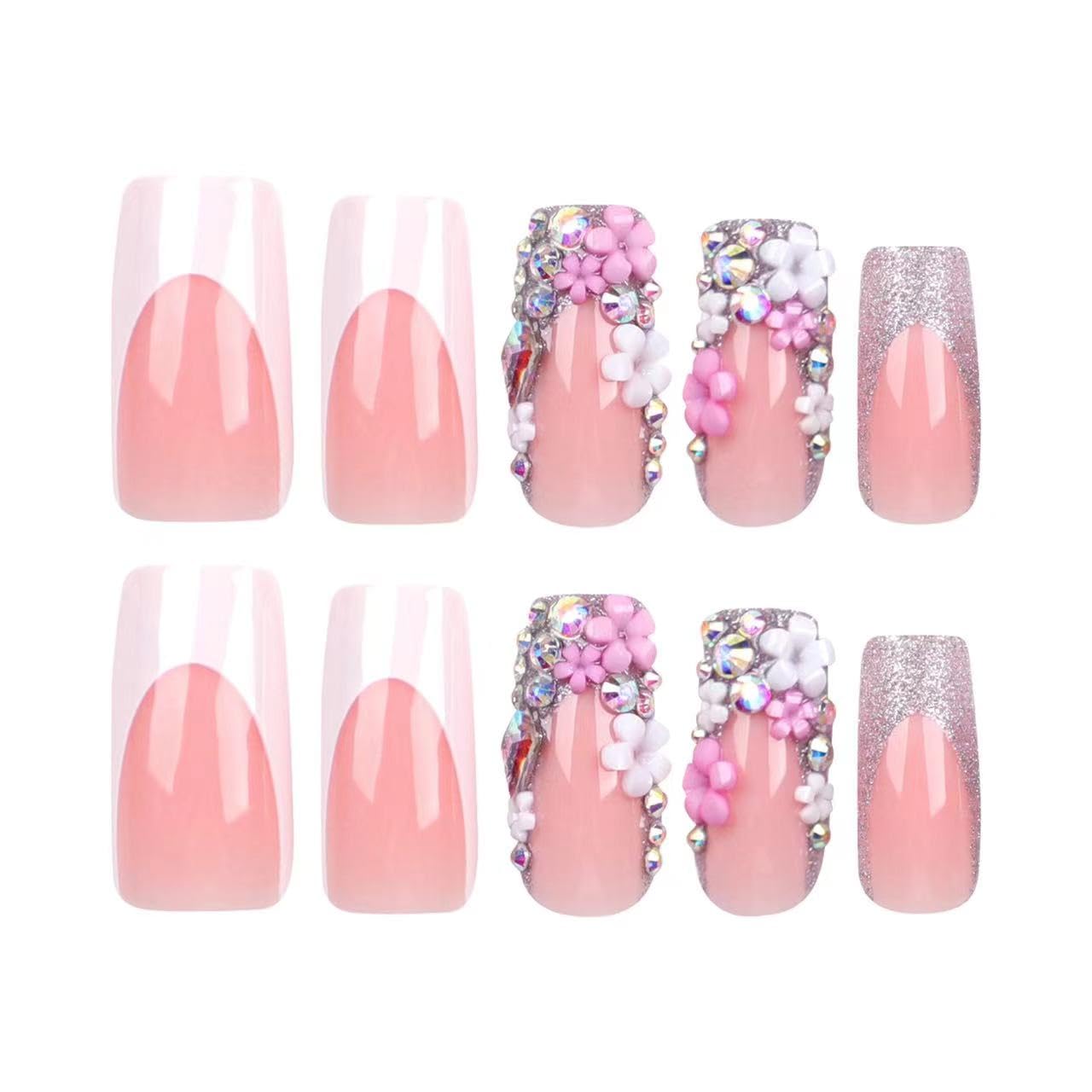 Medium Press on Nails Square - White French Tip Fake Nails with Floral Charms Design - Rhinestone Glitter Full Cover Stick on Nails for Women 24 Pcs