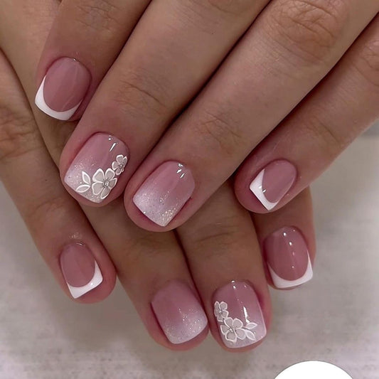 Stbisen Summer French Nude Pink Press On Nails Short Square, White Flower Glitter Ombre Fake Nails, 30Pcs 15 sizes Glossy Reusable Glue On Nails for Women, Daily Wedding Manicure and Everyday Wear