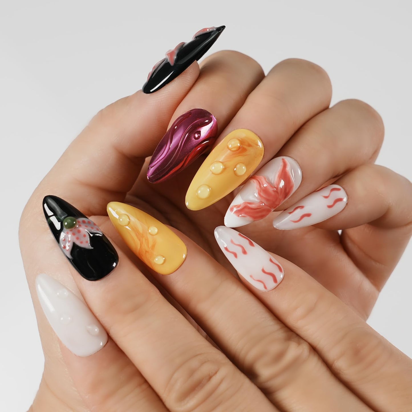 Tesytto Handmade Press on Nails with 3D Flower & Water Droplets - Luxury Multicolor Almond Fake Nails - Reusable Salon Quality Stick on Nails for Women (Bold Bloom & Dot Glam, M)