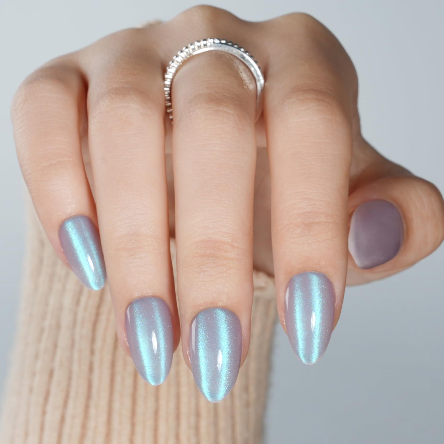 Cat Eye Press On Nails Almond - Short Almond Fake Nails with Nail Glue, Steel Blue Cateye Press On Nails Reusable Stick On Nails in 16 Sizes 32 Nail Kit for Women & Girls | Salon Quality