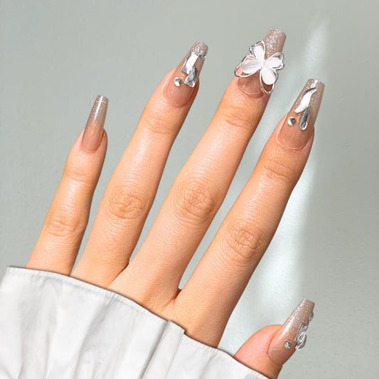 Votrenaeil Press On Nails - Moonlit Wings | No Glue Long Coffin Nude Glitter Nails with 3D Butterfly for Wedding - 24 Pcs Nail Kit with Adhesive Tabs