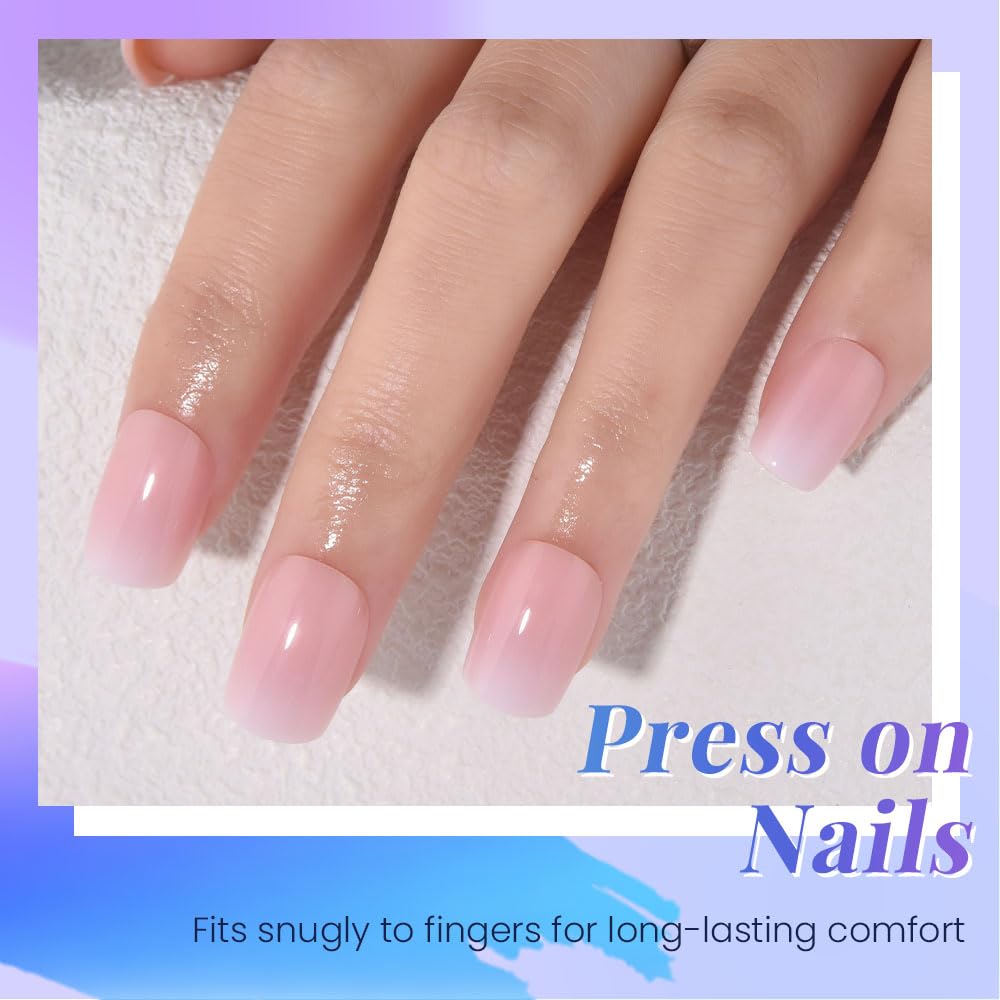 XZMeiLun Pink Brown and White Ombre Press on Nails, Short Square Acrylic Fake Nails Design, Natural Reusable Nails Kit for Women DIY False Nail Art Decoration Gift, Salon Quality Reusable