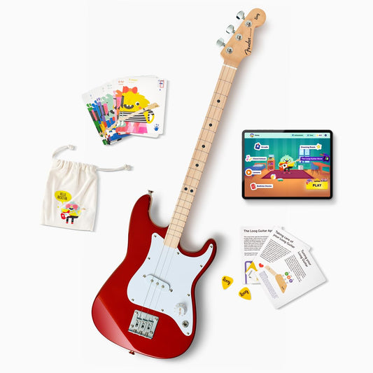 Fender Loog Stratocaster 3-String Electric Guitar for Kids, Beginner Guitar, Includes Chord Flash Cards, Learning App, Educational Booklet, Picks, and Stickers, Candy Apple Red